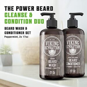 Viking Revolution Beard Wash & Beard Conditioner Set w/Argan & Jojoba Oils – Softens, Smooths & Strengthens Beard Growth - Natural Peppermint and Eucalyptus Scent - Beard Shampoo w/Beard Oil (17 oz)