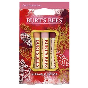 burt’s bees kissable color holiday gift set, 3 lip shimmers in gift box – cool collection in watermelon, apricot and grapefruit