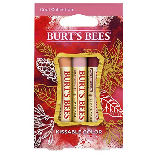 Burt's Bees Kissable Color Holiday Gift Set, 3 Lip Shimmers in Gift Box - Cool Collection in Watermelon, Apricot and Grapefruit