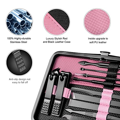 Manicure Set Professional Nail Clippers Kit Pedicure Care Tools- Stainless Steel Grooming Kit 18Pcs for Travel or Home (Black/Pink)