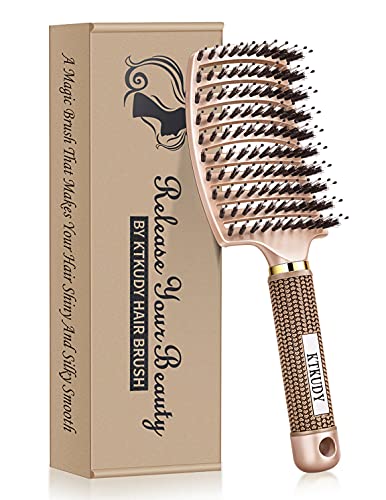 KTKUDY Detangling Brush Getting Knots Out without Pain - Boar Bristles Hair Brush Make Hair Shiny & Healthier Vented Detangler Brush for Women Men Kids Wet and Dry Hair (Gold)