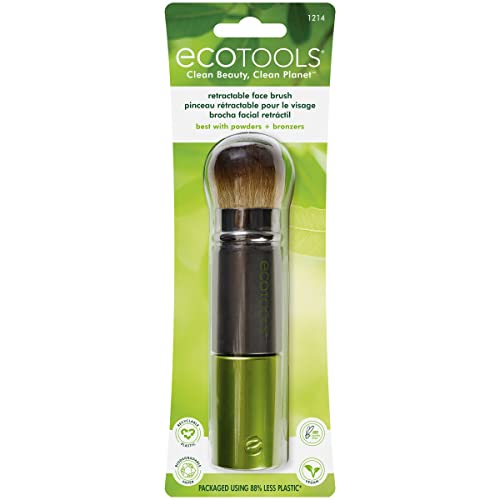 EcoTools Travel Kabuki Makeup Brush for Foundation, Blush, Bronzer, & Powder, Retractable, Green, Aluminum, Sustainable, Travel Friendly & Perfect for On The Go, 1 Count