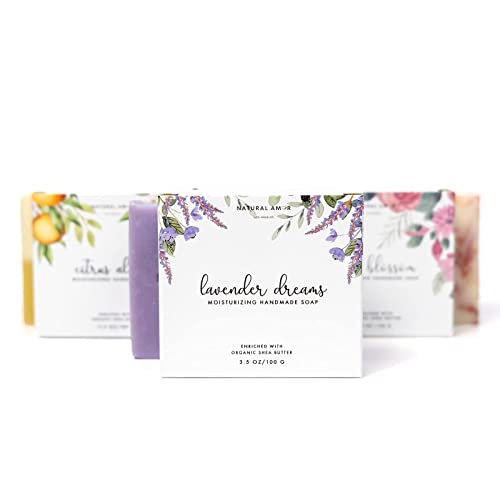 Natural Amor Handmade Soap Bar Variety 3 Pk, Natural Bar Soap Gift Set for Women, Essential Oils Scented (Rose, Lavender, Citrus) ,100% Vegan, 3.5oz each