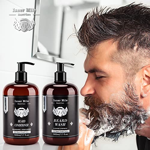 Beard Wash and Conditioner Set (Large 17 oz each), New Beard Growth Formula with Biotin Argan & Jojoba Oils, Smooth Soften Strengthen, Beard Shampoo w/Beard Oil Conditioner Gifts for Men