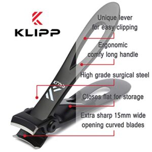 Nail Clippers for Thick Nails – KLIPP 15 mm Wide Jaw Thick Fingernail and Toenail Cutter with Curved Stainless-Steel Blades and Black Vacuum Coating – Podiatry Tool for Manicure Pedicure Toe Nail Care