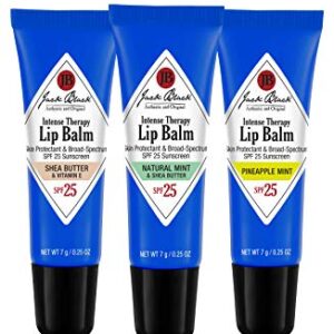 Jack Black Intense Therapy Lip Balm Trio with SPF Sunscreen 25 - Shea Butter & Vitamin E, Natural Mint & Shea Butter, Pineapple Mint - Set of 3 in Tin, 0.25 oz.