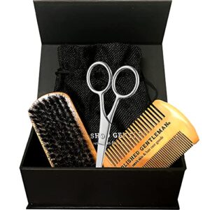 beard brush set with comb and scissors set for men – natural boar bristle brush, durable wooden comb grooming kit – maintains soft, shiny, smooth facial hair – mustache straightening and shaping tools
