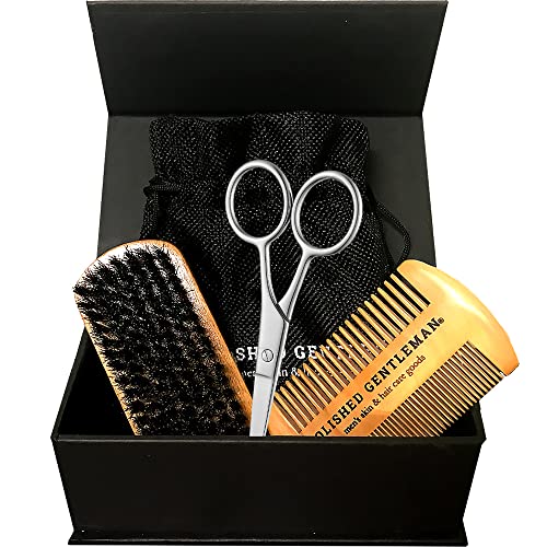 Beard Brush Set With Comb and Scissors Set for Men - Natural Boar Bristle Brush, Durable Wooden Comb Grooming Kit - Maintains Soft, Shiny, Smooth Facial Hair - Mustache Straightening and Shaping Tools