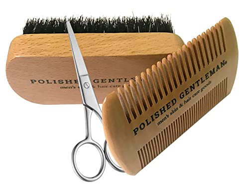 Beard Brush Set With Comb and Scissors Set for Men - Natural Boar Bristle Brush, Durable Wooden Comb Grooming Kit - Maintains Soft, Shiny, Smooth Facial Hair - Mustache Straightening and Shaping Tools