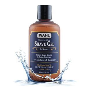 wahl shave gel for a clean, close, comfortable shave. easy to see edging with the clear gel, easily clean the razor and soften beard and skin. reduce knicks, scrapes, & irritation – 8.5 oz – 805609a