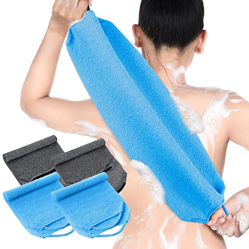 Exfoliating Back Scrubber with Handles 4 Packs Nylon Back Exfoliator Extended Length Back Washers Scrubbers Stretchable Pull Strap Exfoliating Washcloth (Gray, Deep Blue)