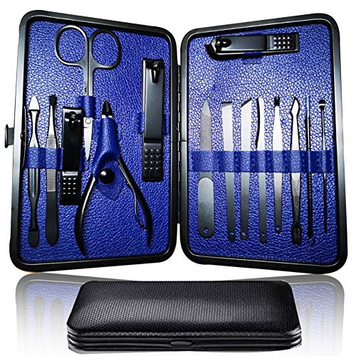 Manicure Kit Nail Clippers Set Stainless Steel Professional Pedicure Black 15 Pieces Grooming Scissors Cutter Ear Pick Tweezers Scissors Eyebrow file for Man&Women gift (black/blue_15in1)