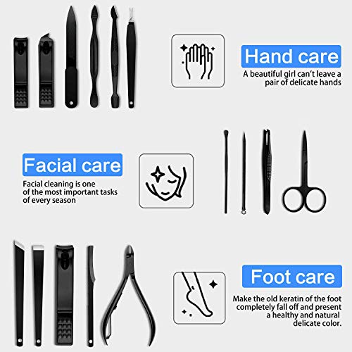 Manicure Kit Nail Clippers Set Stainless Steel Professional Pedicure Black 15 Pieces Grooming Scissors Cutter Ear Pick Tweezers Scissors Eyebrow file for Man&Women gift (black/blue_15in1)