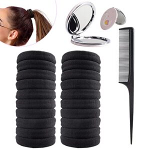 hair ties bands hair ties seamless for women elastic hair band for women’s hair cotton ponytail hair ties hair tie for thick hair 20pcs black no damage hair ties. 1pcs rattail comb combs, 1pcs compact small travel mirror. gifts for mom.