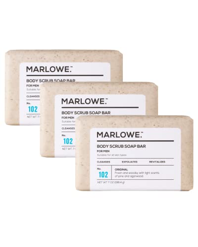 MARLOWE. No. 102 Men's Body Scrub Soap 7 oz (3 Bars) | Best Exfoliating Bar for Men | Made with Natural Ingredients | Amazing Scent | New Packaging - Same Great Formula