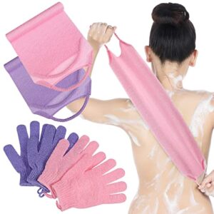 4 pack exfoliating shower bath gloves back scrubber set, 2 exfoliating body scrubber nylon back washer, 2 pairs scrub gloves for women men children skin, stretchable pull strap washcloth, pink, purple