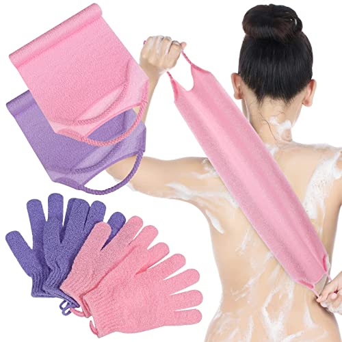 4 Pack Exfoliating Shower Bath Gloves Back Scrubber Set, 2 Exfoliating Body Scrubber Nylon Back Washer, 2 Pairs Scrub Gloves for Women Men Children Skin, Stretchable Pull Strap Washcloth, Pink, Purple