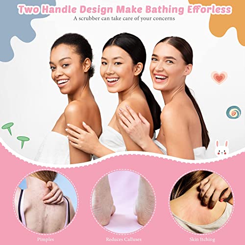 4 Pack Exfoliating Shower Bath Gloves Back Scrubber Set, 2 Exfoliating Body Scrubber Nylon Back Washer, 2 Pairs Scrub Gloves for Women Men Children Skin, Stretchable Pull Strap Washcloth, Pink, Purple