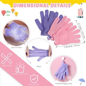 4 Pack Exfoliating Shower Bath Gloves Back Scrubber Set, 2 Exfoliating Body Scrubber Nylon Back Washer, 2 Pairs Scrub Gloves for Women Men Children Skin, Stretchable Pull Strap Washcloth, Pink, Purple