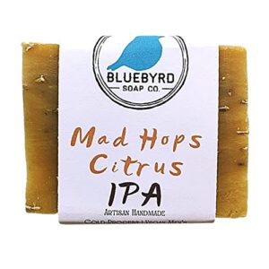 bluebyrd soap co. mad hops citrus ipa beer soap bar| vegan handcrafted high lathering beer soap for men | beer lovers all natural soap with real exfoliating oats| acne soap bar made with beer hops, oatmeal, and orange essential oils (beer)