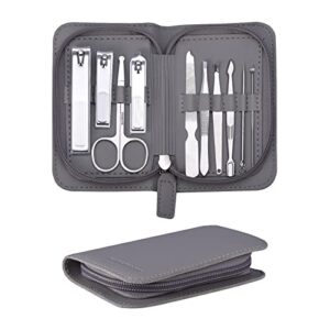 fixbody nail clippers set, professional manicure set and pedicure kit, 10 pieces nail care kit, toenail clippers with gray leather case, gift for men and women