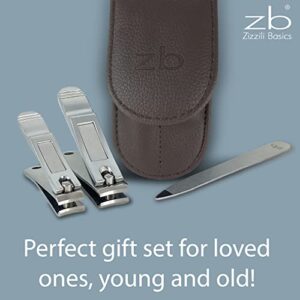 Nail Clippers by Zizzili Basics - 3 Piece Nail Clipper Set - Stainless Steel Fingernail & Toenail Clippers with Nail File and Brown Travel Case - Best Nail Care for Men, Women, Manicure & Pedicure