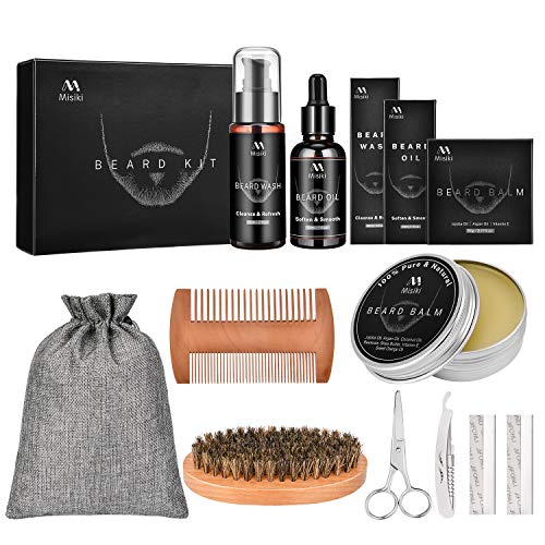 Misiki Beard Kit for Men Grooming & Care, Beard Growth Kit with Trimming Tool Set, Natural Beard Care Growth Oil & Wash, Brush, Comb, Scissors & Storage Bag, Beard Care Perfect Gifts for Man