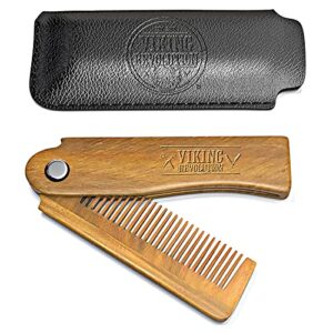 folding beard comb w/carrying pouch for men – all natural wooden beard comb w/gift box – green sandalwood comb for grooming & combing hair, beards and mustaches by viking revolution