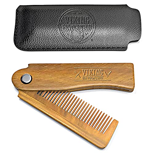 Folding Beard Comb w/Carrying Pouch for Men - All Natural Wooden Beard Comb w/Gift Box - Green Sandalwood Comb for Grooming & Combing Hair, Beards and Mustaches by Viking Revolution