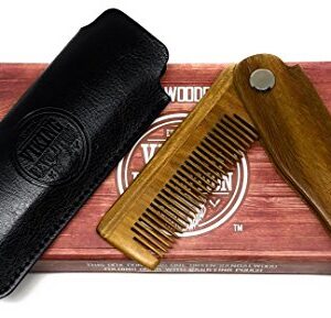 Folding Beard Comb w/Carrying Pouch for Men - All Natural Wooden Beard Comb w/Gift Box - Green Sandalwood Comb for Grooming & Combing Hair, Beards and Mustaches by Viking Revolution