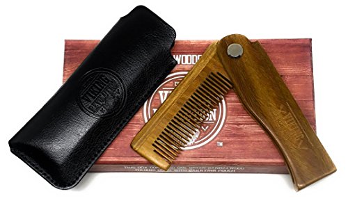 Folding Beard Comb w/Carrying Pouch for Men - All Natural Wooden Beard Comb w/Gift Box - Green Sandalwood Comb for Grooming & Combing Hair, Beards and Mustaches by Viking Revolution