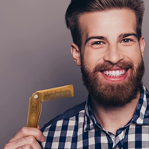 Folding Beard Comb w/Carrying Pouch for Men - All Natural Wooden Beard Comb w/Gift Box - Green Sandalwood Comb for Grooming & Combing Hair, Beards and Mustaches by Viking Revolution