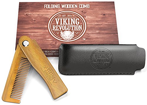 Folding Beard Comb w/Carrying Pouch for Men - All Natural Wooden Beard Comb w/Gift Box - Green Sandalwood Comb for Grooming & Combing Hair, Beards and Mustaches by Viking Revolution