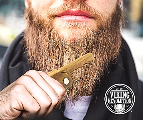 Folding Beard Comb w/Carrying Pouch for Men - All Natural Wooden Beard Comb w/Gift Box - Green Sandalwood Comb for Grooming & Combing Hair, Beards and Mustaches by Viking Revolution