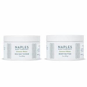 naples soap company sea salt scrub & body butter combo pack – natural skincare gift set includes exfoliating body scrub & rich cocoa and shea body butter – coconut water, set of 2, travel size 3oz jars