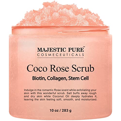 MAJESTIC PURE Coco Rose Scrub - With Biotin, Collagen, Stem Cell & Coconut Oil - Exfolaiting Body Scrub - Skin Moisturizer, Pore Cleanser & Body Exfoliator - Natural Skin Care for Men & Women - 10 oz