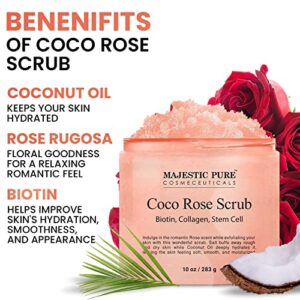 MAJESTIC PURE Coco Rose Scrub - With Biotin, Collagen, Stem Cell & Coconut Oil - Exfolaiting Body Scrub - Skin Moisturizer, Pore Cleanser & Body Exfoliator - Natural Skin Care for Men & Women - 10 oz