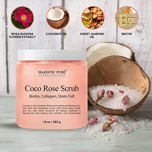 MAJESTIC PURE Coco Rose Scrub - With Biotin, Collagen, Stem Cell & Coconut Oil - Exfolaiting Body Scrub - Skin Moisturizer, Pore Cleanser & Body Exfoliator - Natural Skin Care for Men & Women - 10 oz