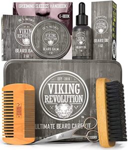 viking revolution beard care kit for men – ultimate beard grooming kit includes 100% boar men’s beard brush, wooden beard comb, beard balm, beard oil, beard & mustache scissors in a metal box