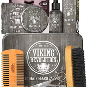 Viking Revolution Beard Care Kit for Men - Ultimate Beard Grooming Kit includes 100% Boar Men’s Beard Brush, Wooden Beard Comb, Beard Balm, Beard Oil, Beard & Mustache Scissors in a Metal Box