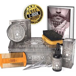 Viking Revolution Beard Care Kit for Men - Ultimate Beard Grooming Kit includes 100% Boar Men’s Beard Brush, Wooden Beard Comb, Beard Balm, Beard Oil, Beard & Mustache Scissors in a Metal Box