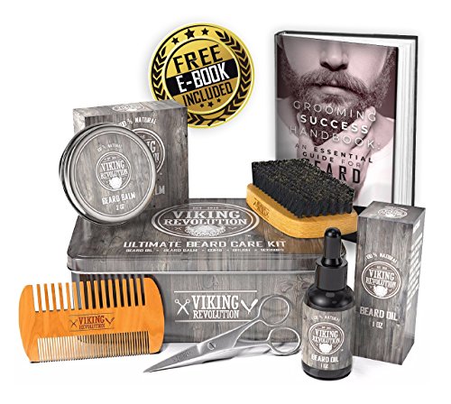 Viking Revolution Beard Care Kit for Men - Ultimate Beard Grooming Kit includes 100% Boar Men’s Beard Brush, Wooden Beard Comb, Beard Balm, Beard Oil, Beard & Mustache Scissors in a Metal Box