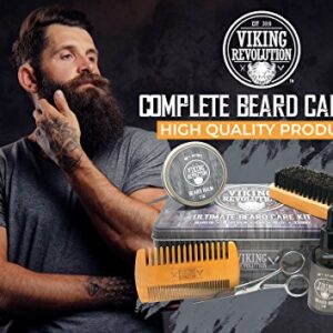 Viking Revolution Beard Care Kit for Men - Ultimate Beard Grooming Kit includes 100% Boar Men’s Beard Brush, Wooden Beard Comb, Beard Balm, Beard Oil, Beard & Mustache Scissors in a Metal Box