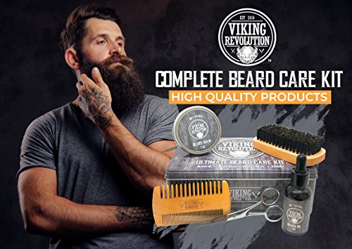 Viking Revolution Beard Care Kit for Men - Ultimate Beard Grooming Kit includes 100% Boar Men’s Beard Brush, Wooden Beard Comb, Beard Balm, Beard Oil, Beard & Mustache Scissors in a Metal Box