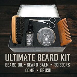 Viking Revolution Beard Care Kit for Men - Ultimate Beard Grooming Kit includes 100% Boar Men’s Beard Brush, Wooden Beard Comb, Beard Balm, Beard Oil, Beard & Mustache Scissors in a Metal Box