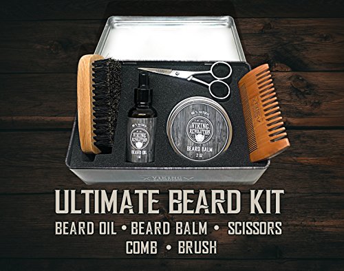 Viking Revolution Beard Care Kit for Men - Ultimate Beard Grooming Kit includes 100% Boar Men’s Beard Brush, Wooden Beard Comb, Beard Balm, Beard Oil, Beard & Mustache Scissors in a Metal Box