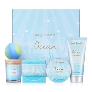 spa gifts for women,bath set with ocean scented spa gifts box for her,includes scented candle,body butter,hand cream,bath bar and bomb,5 pcs bath set,gifts set for women,mom,mother’s day gifts