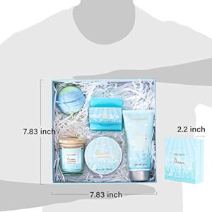 Spa Gifts for Women,Bath Set with Ocean Scented Spa Gifts Box for Her,Includes Scented Candle,Body Butter,Hand Cream,Bath Bar and Bomb,5 Pcs Bath Set,Gifts Set for Women,Mom,Mother's Day Gifts