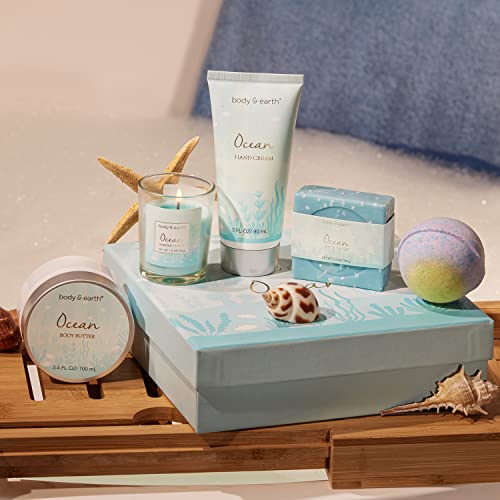 Spa Gifts for Women,Bath Set with Ocean Scented Spa Gifts Box for Her,Includes Scented Candle,Body Butter,Hand Cream,Bath Bar and Bomb,5 Pcs Bath Set,Gifts Set for Women,Mom,Mother's Day Gifts