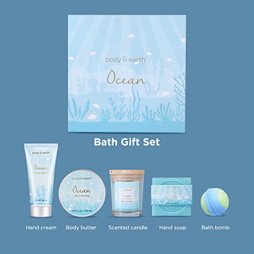 Spa Gifts for Women,Bath Set with Ocean Scented Spa Gifts Box for Her,Includes Scented Candle,Body Butter,Hand Cream,Bath Bar and Bomb,5 Pcs Bath Set,Gifts Set for Women,Mom,Mother's Day Gifts